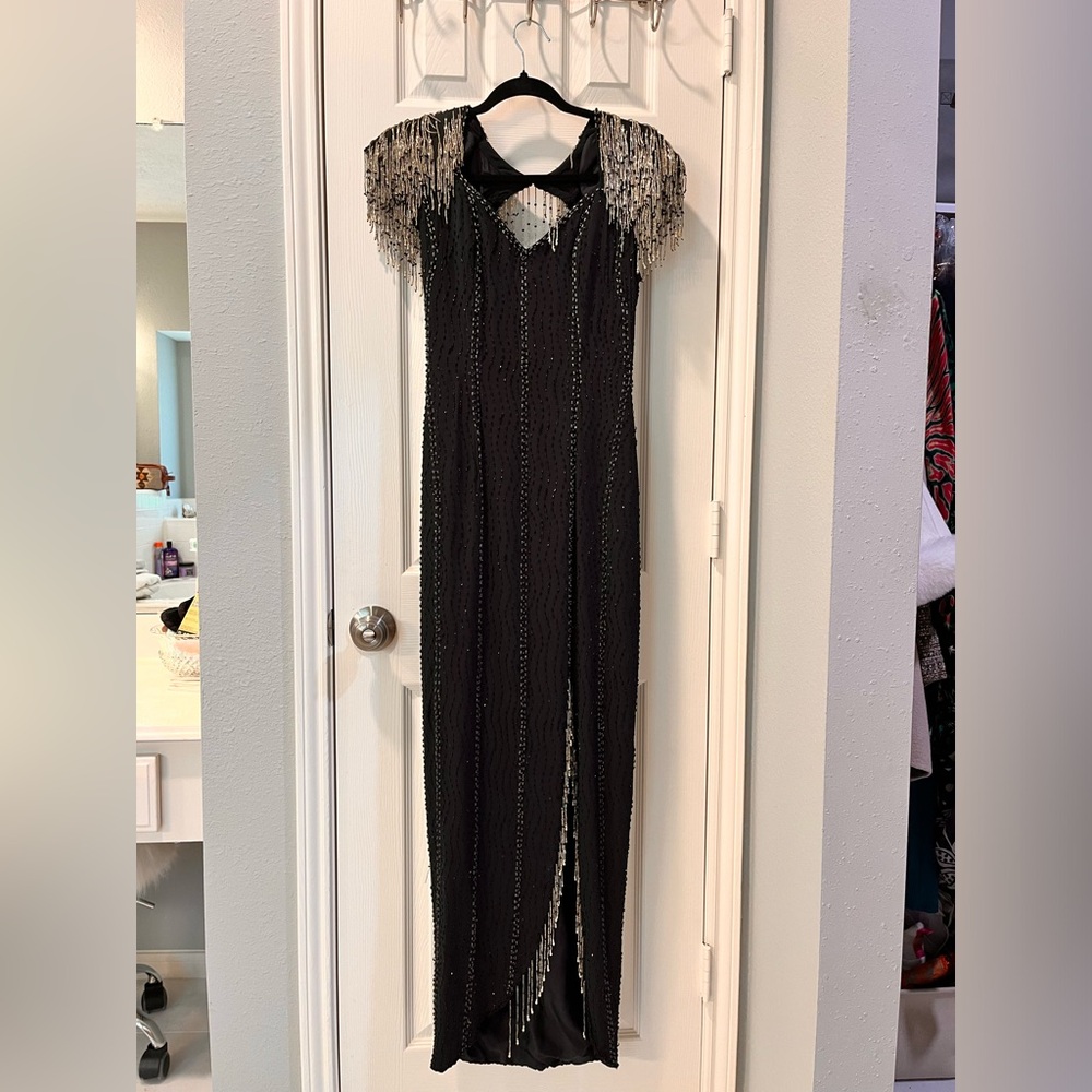 Embellished Vintage Gown, Black with Silver fringe